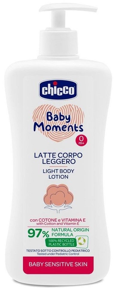 Chicco Mlieko jemné telové s dávkovačom Baby Moments Sensitive 97% prírodných zložiek 500 ml